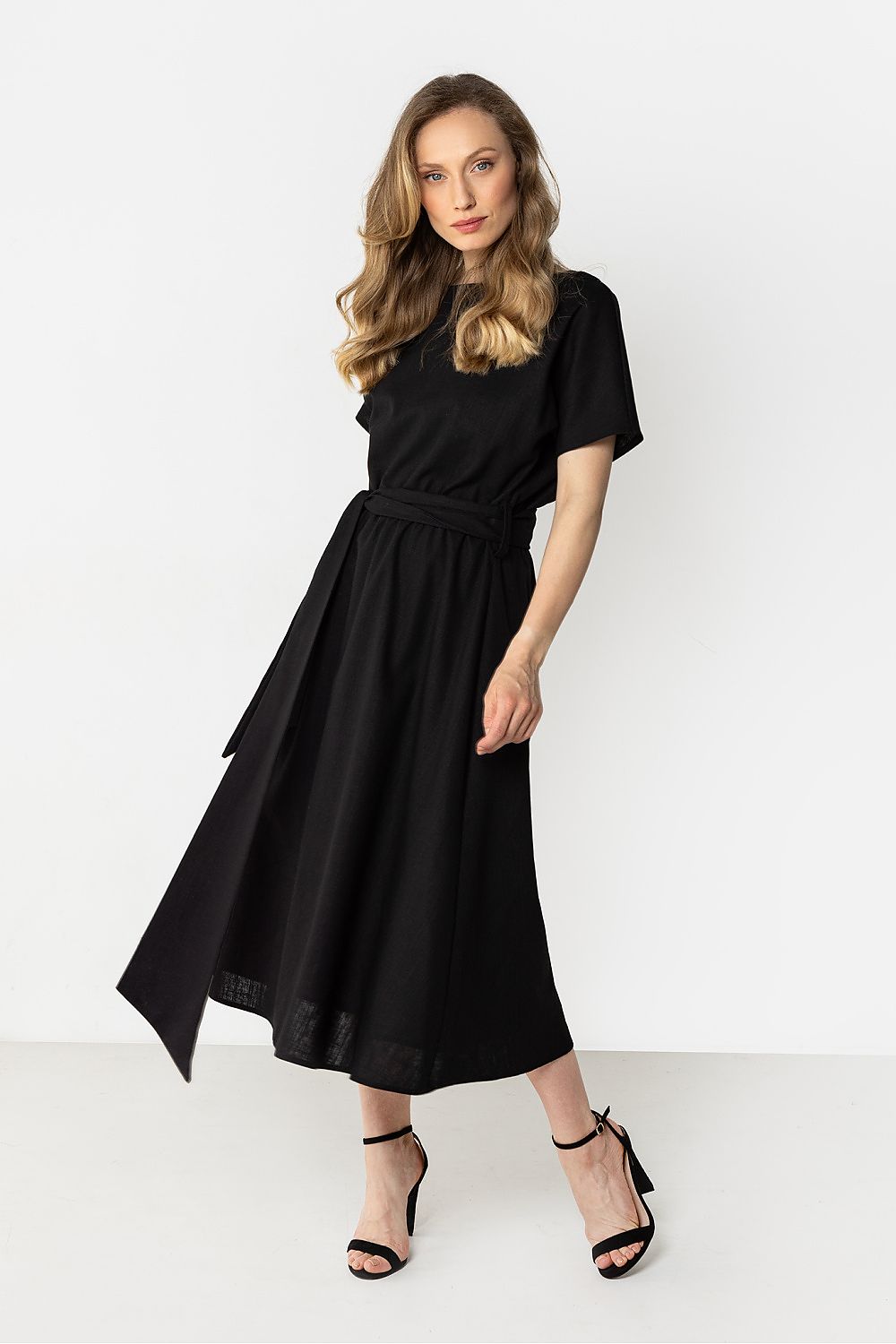 Awama Black Midi Flared Bottom Dress with Short Sleeves and Belted Design for Elegant Style