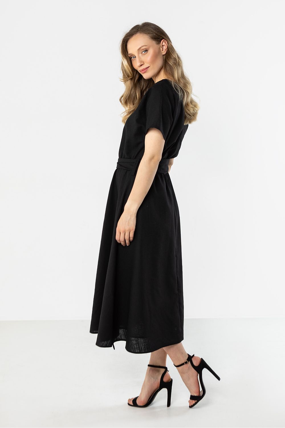 Awama black midi flared bottom dress with short sleeves and a flattering fit for a stylish look