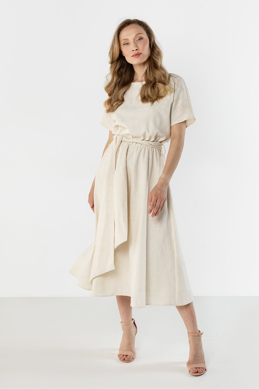 Cream Awama midi flared bottom dress with a belted waist and short sleeves for a stylish look