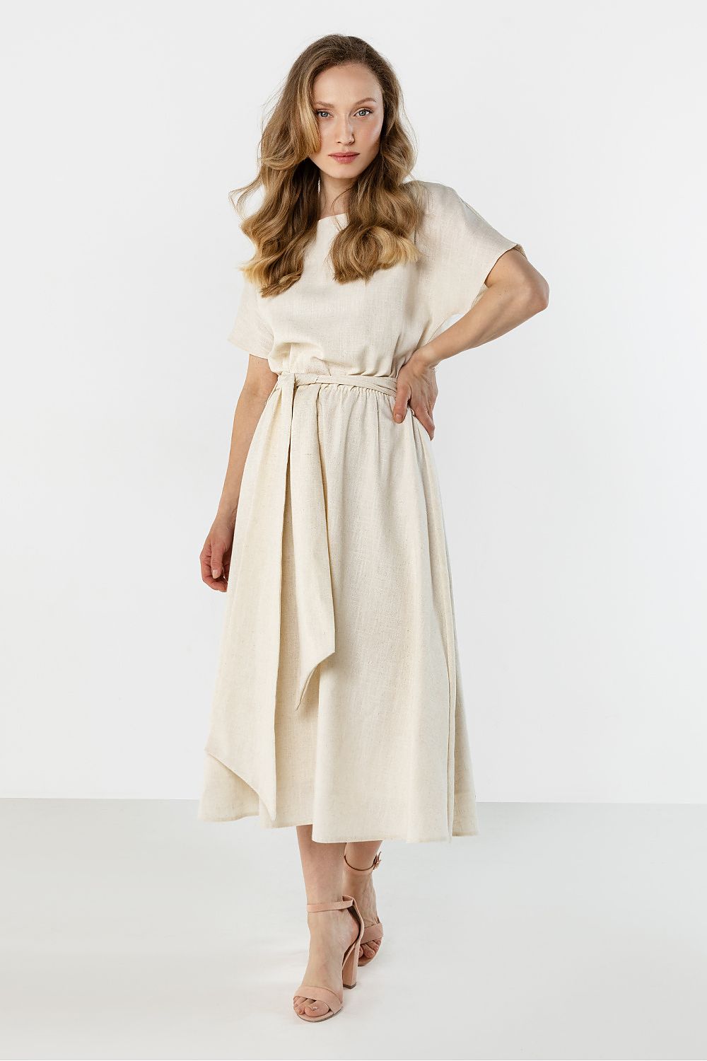 Awama midi flared bottom dress in cream with a waist tie for a stylish summer look