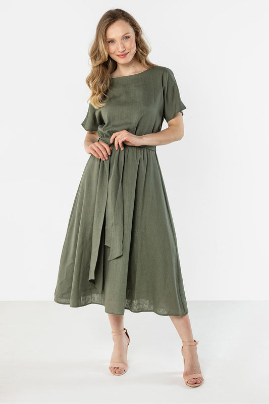 Awama midi flared bottom dress in olive green with a belted waist and short sleeves
