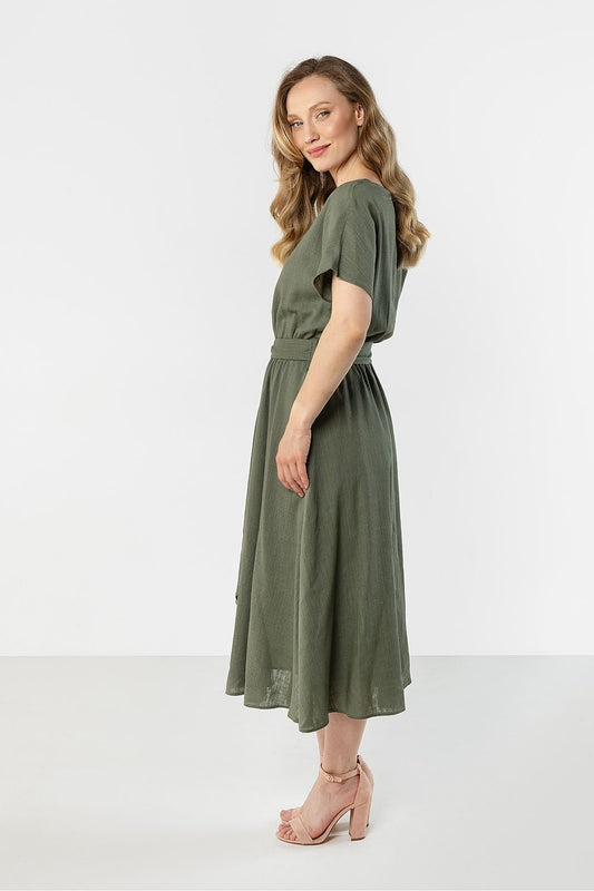 Awama midi flared bottom dress in olive green with a relaxed fit and elegant silhouette