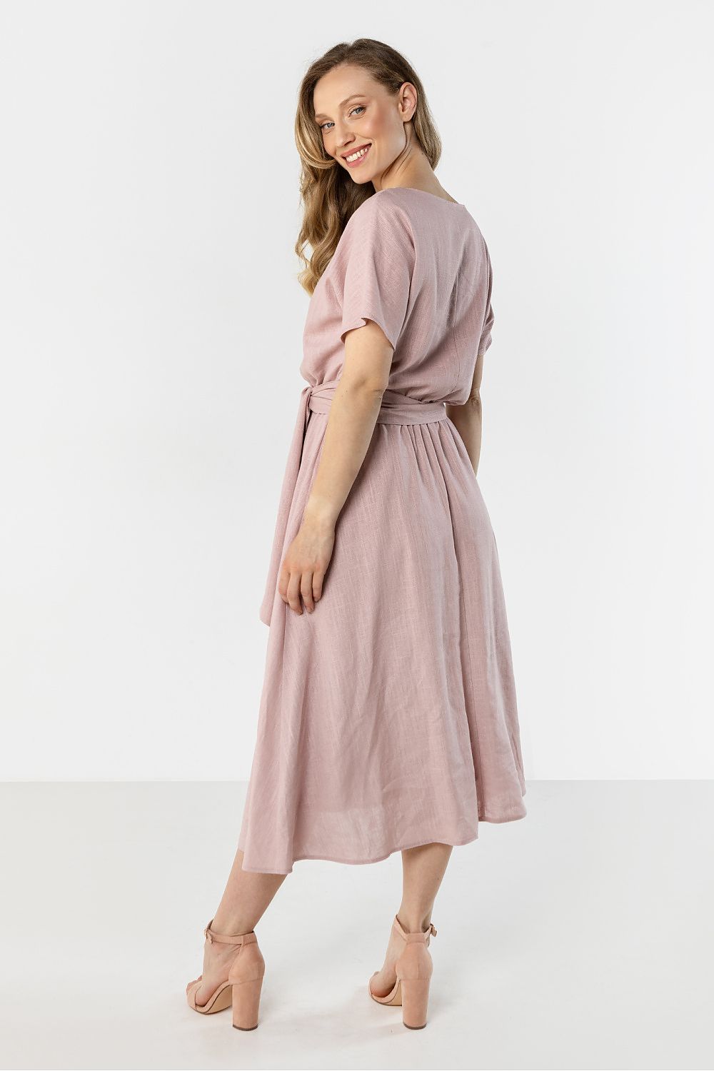 Awama midi flared bottom dress in soft pink with a flattering belted waist and short sleeves