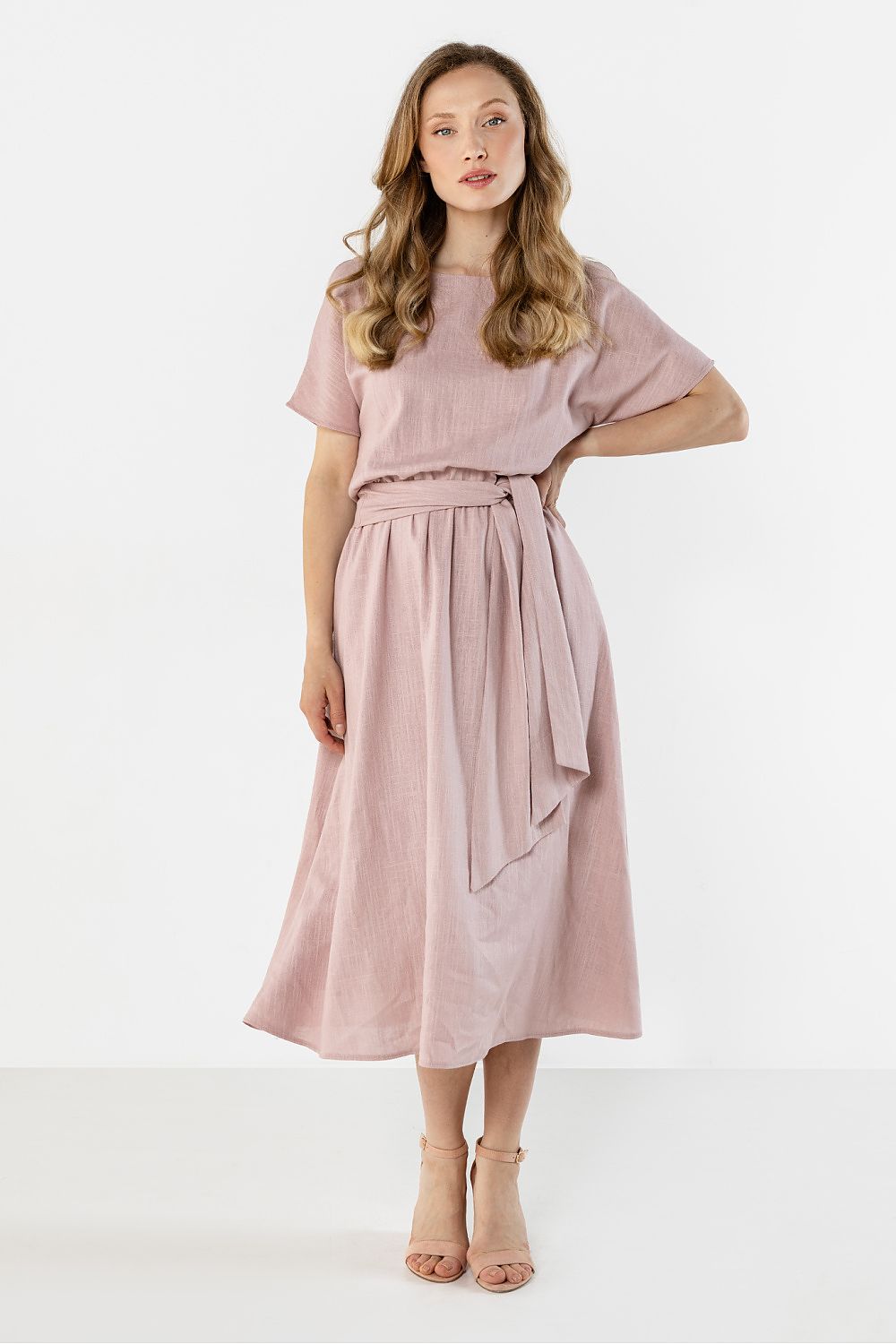 Awama midi flared bottom dress in soft pink with a belted waist perfect for casual occasions
