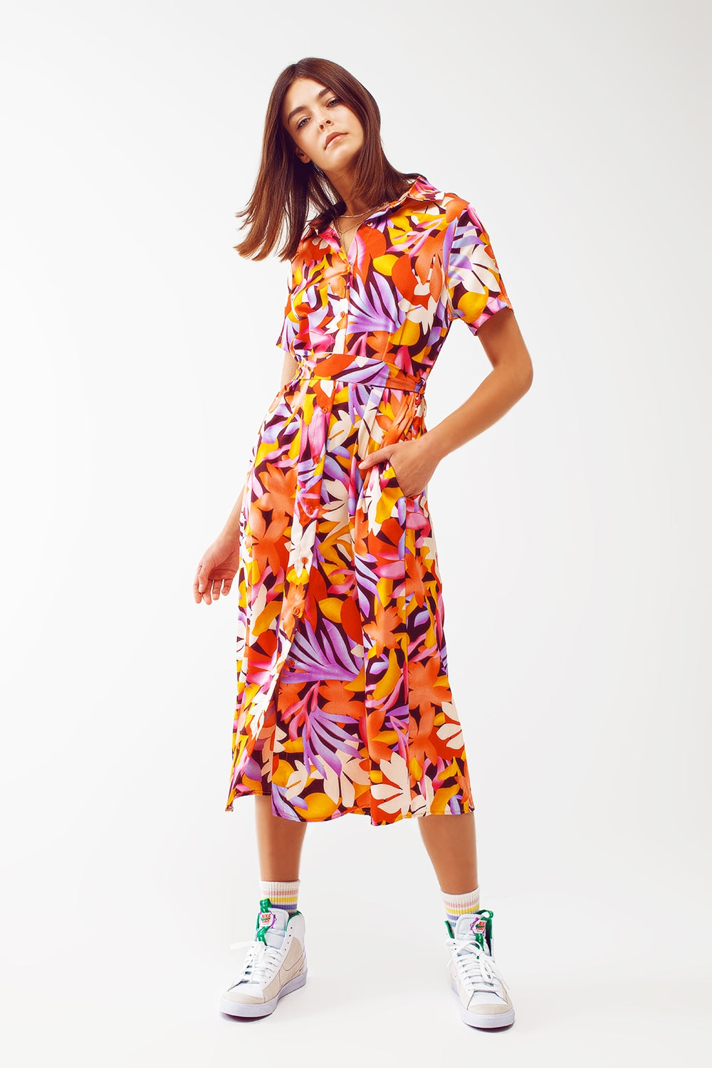 Midi Floral Print Dress in Multicolour - Dresses