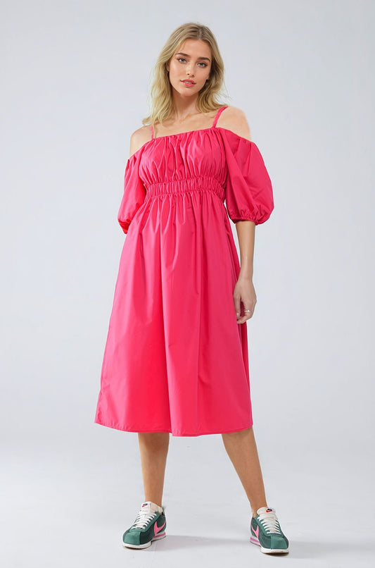 Midi fuchsia dress with short sleeves and straps - Dresses