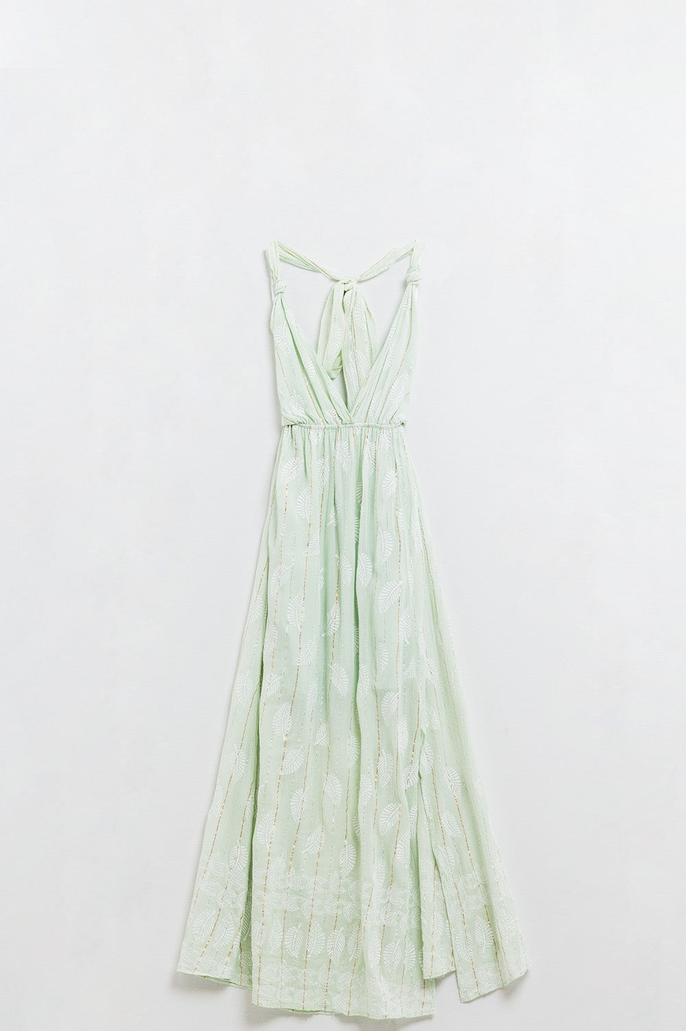 Midi Halter Dress in Mint Leaf Print With Lurex Details - Dresses