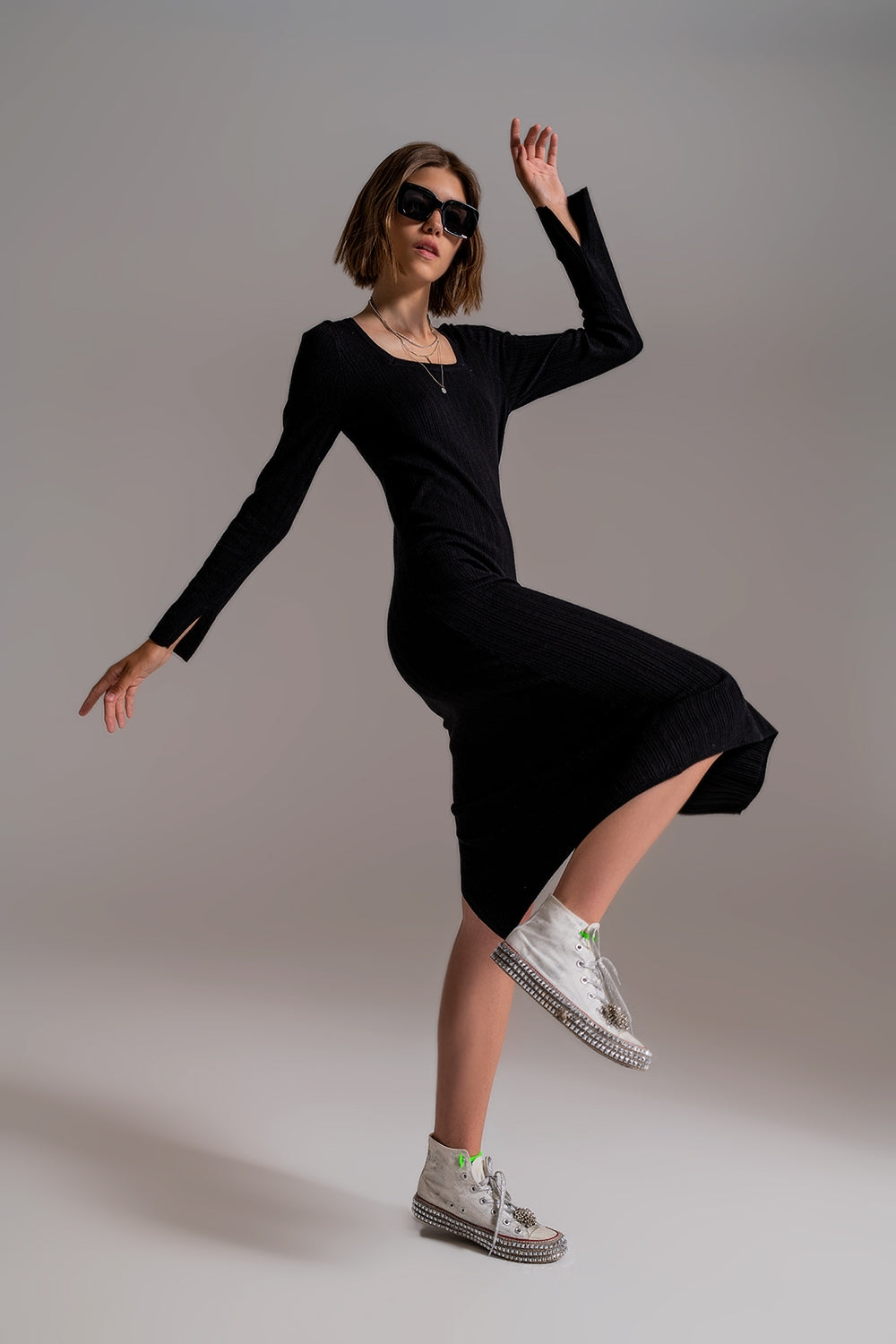 Midi Knit Dress With Square Neckline in Black - Dresses