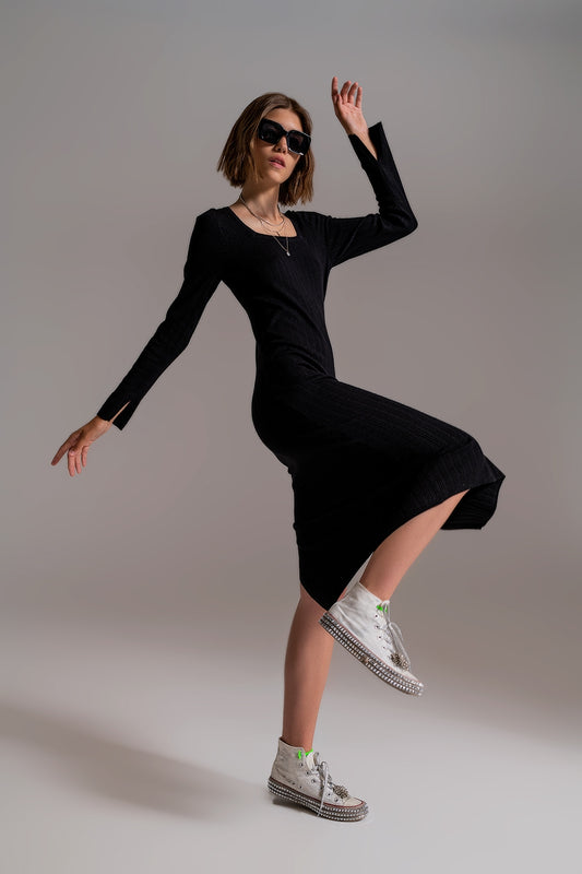 Midi Knit Dress With Square Neckline in Black - Dresses