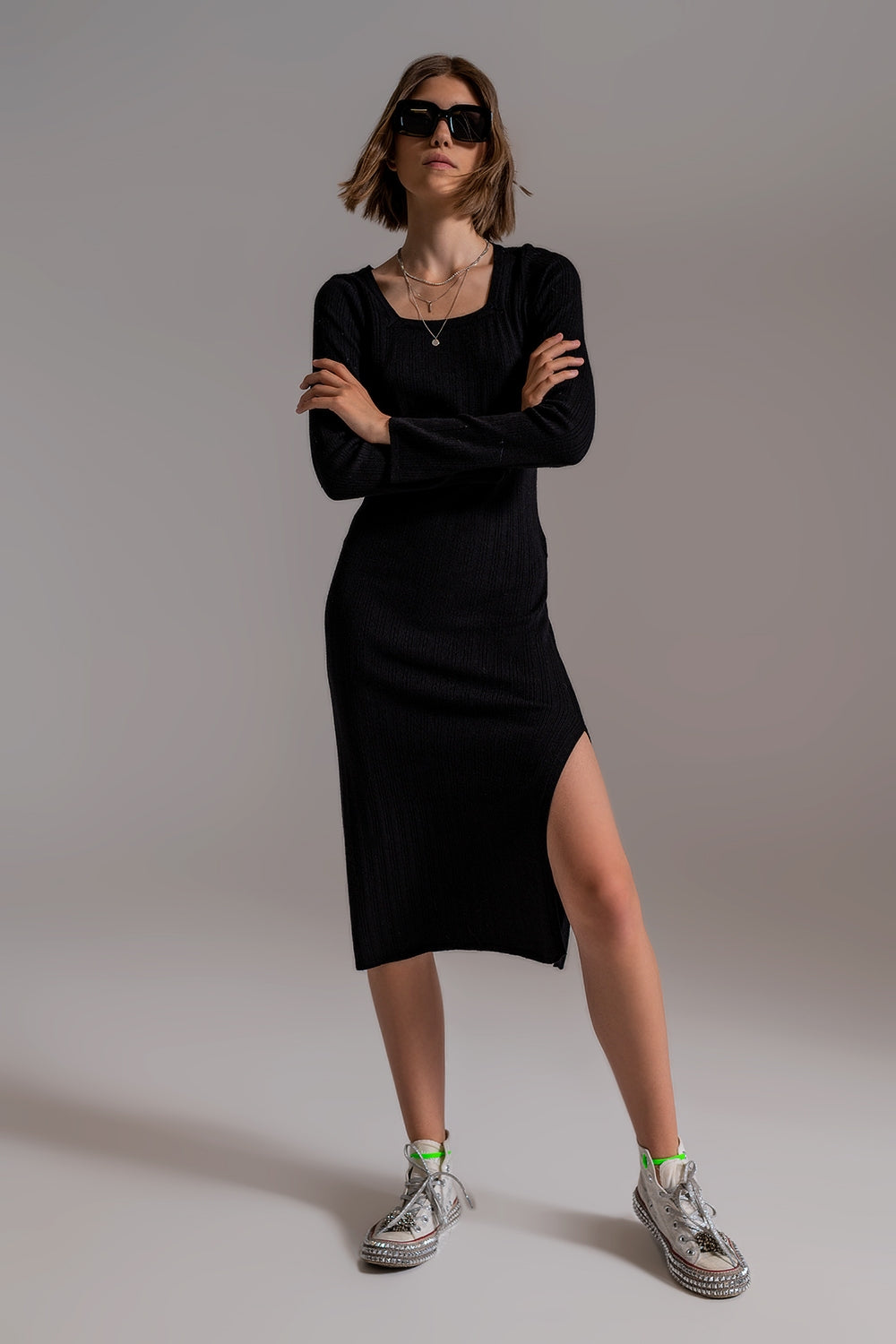 Midi Knit Dress With Square Neckline in Black - Dresses