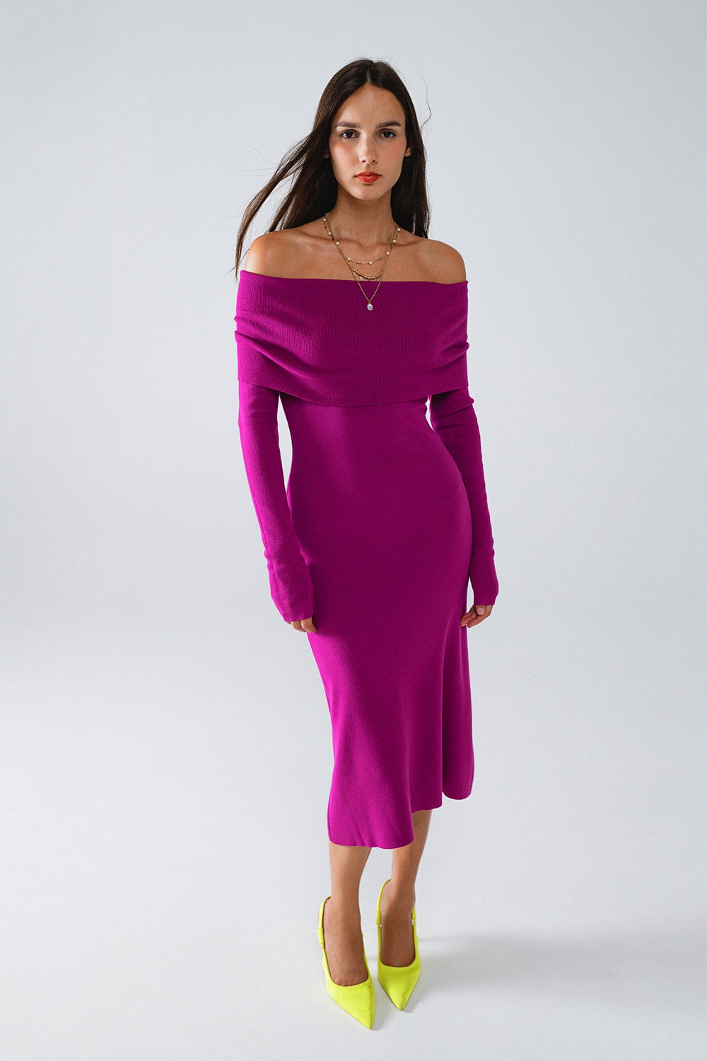 Midi Knitted Folover Badot Dress in Magenta - Dresses