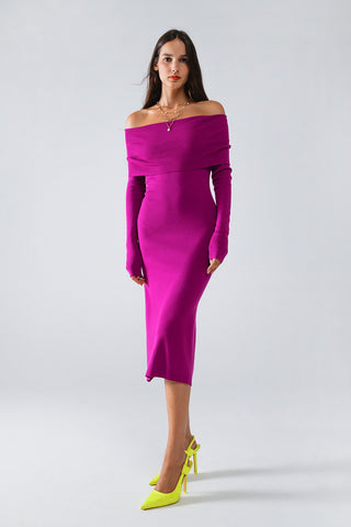 Midi Knitted Folover Badot Dress in Magenta