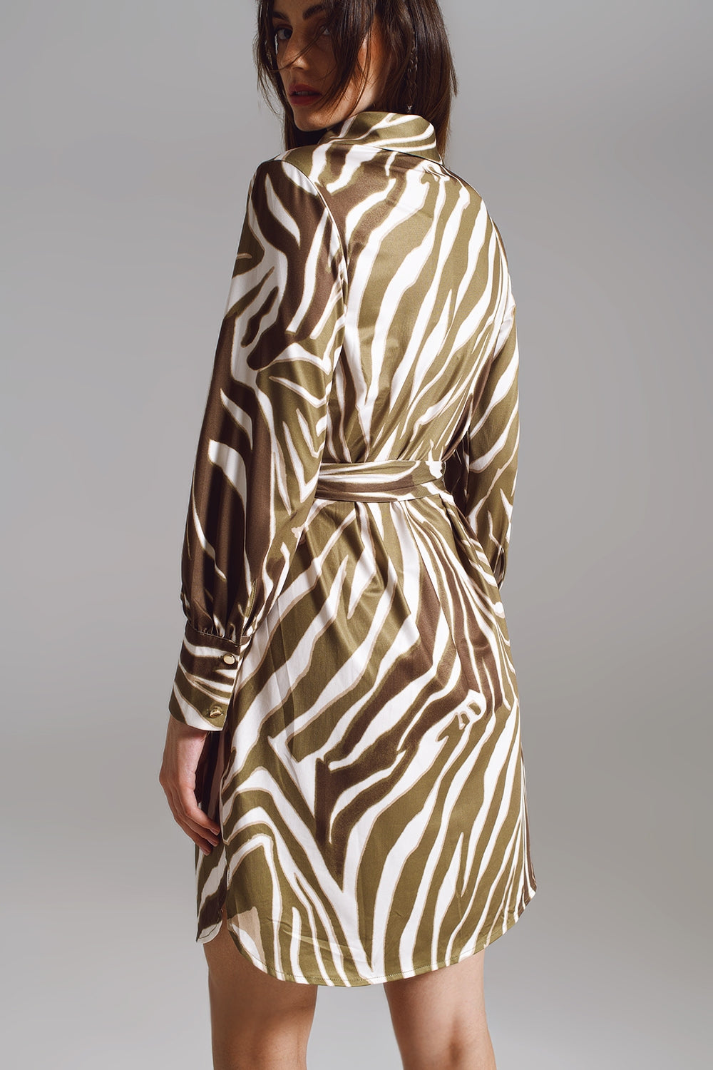 Midi short dress with zebra print in white and olive green - Dresses