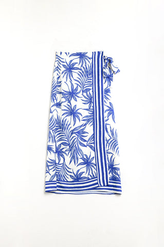 Midi skirt in light fabric with tropical motifs in Blue and white