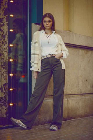 Military green high-waisted wide-leg pants