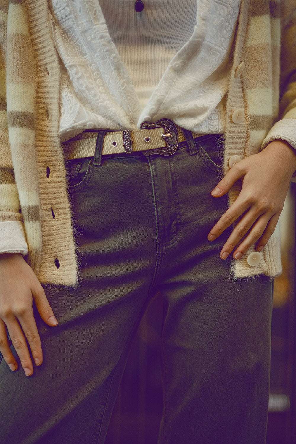 Military green high-waisted wide-leg pants - Trousers