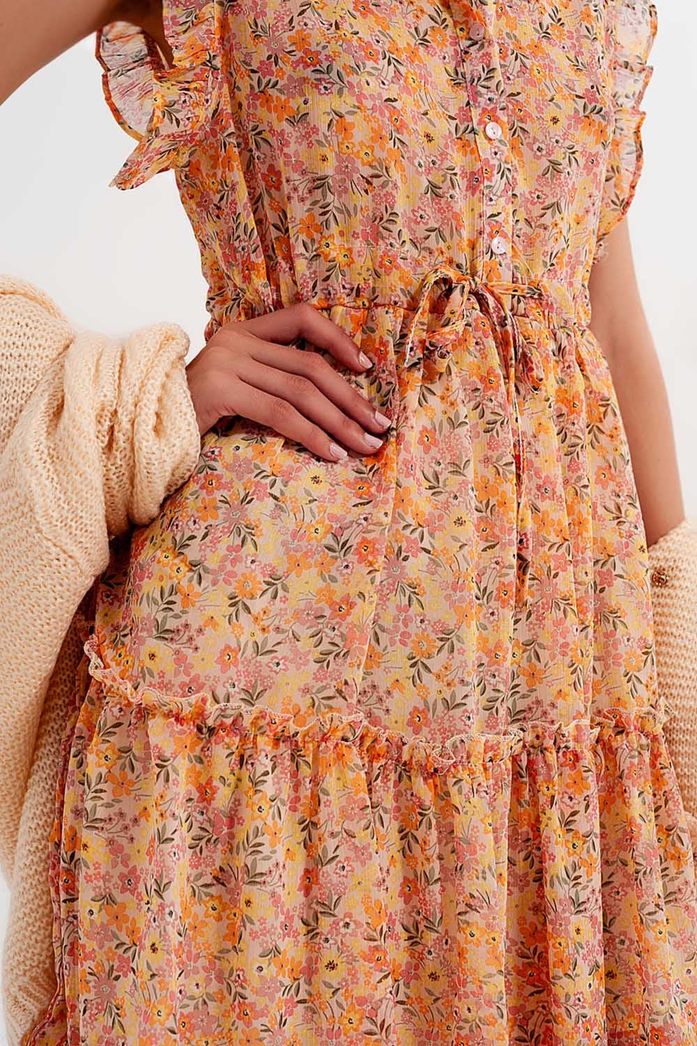 Mini dress with ruffle trims in vintage floral in coral - Dresses