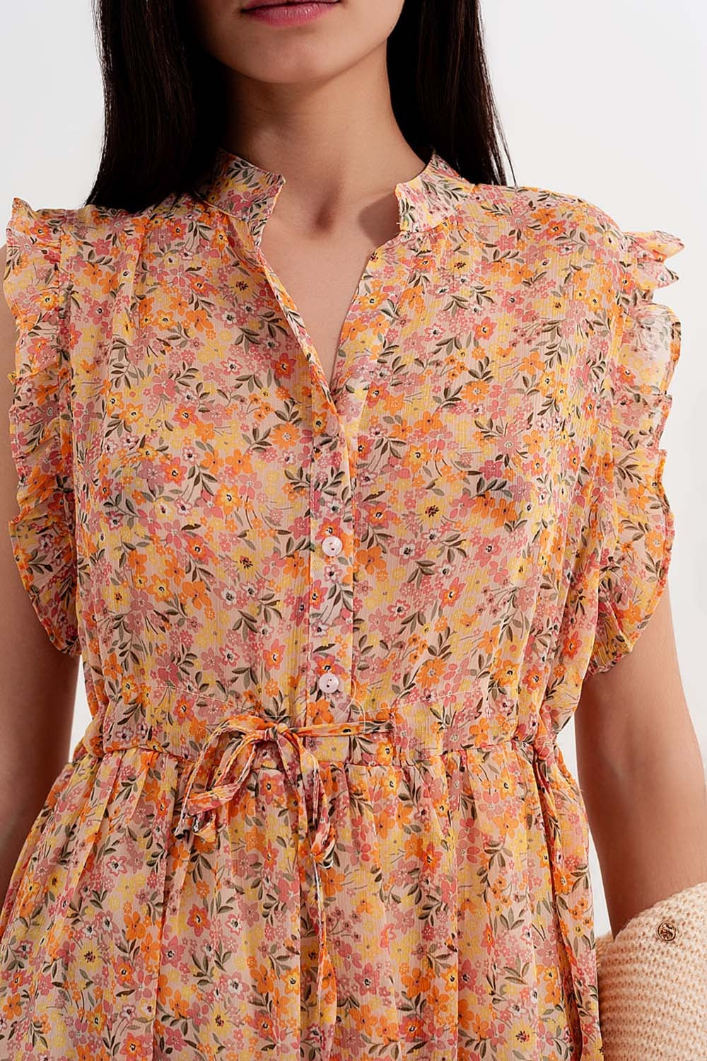 Mini dress with ruffle trims in vintage floral in coral - Dresses