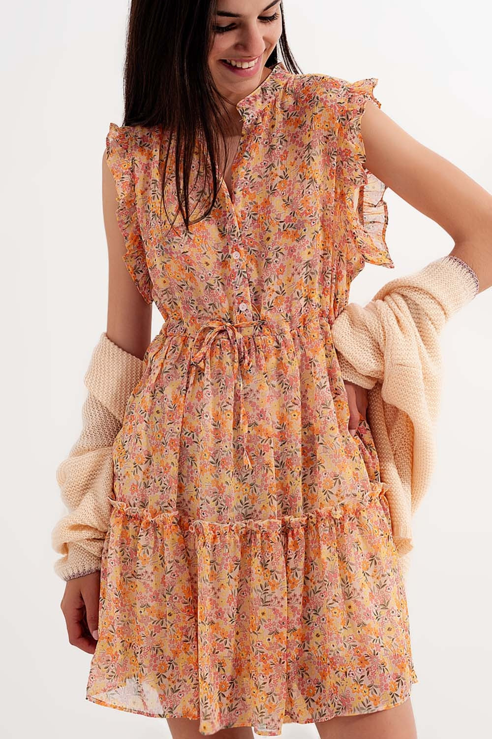 Mini dress with ruffle trims in vintage floral in coral - Dresses