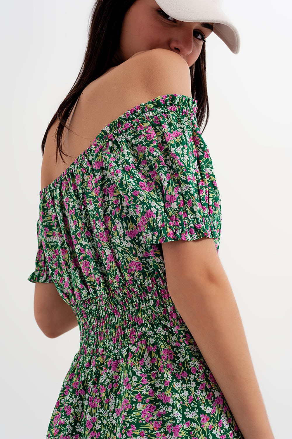 Mini dress with shirred detail in green ditsy floral print - Dresses