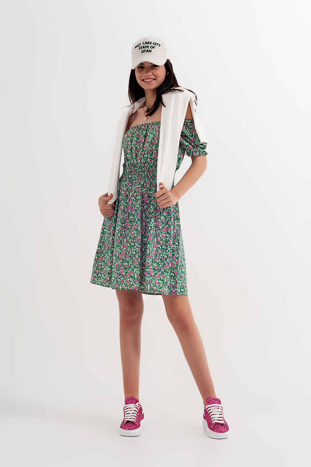Mini dress with shirred detail in green ditsy floral print - Dresses