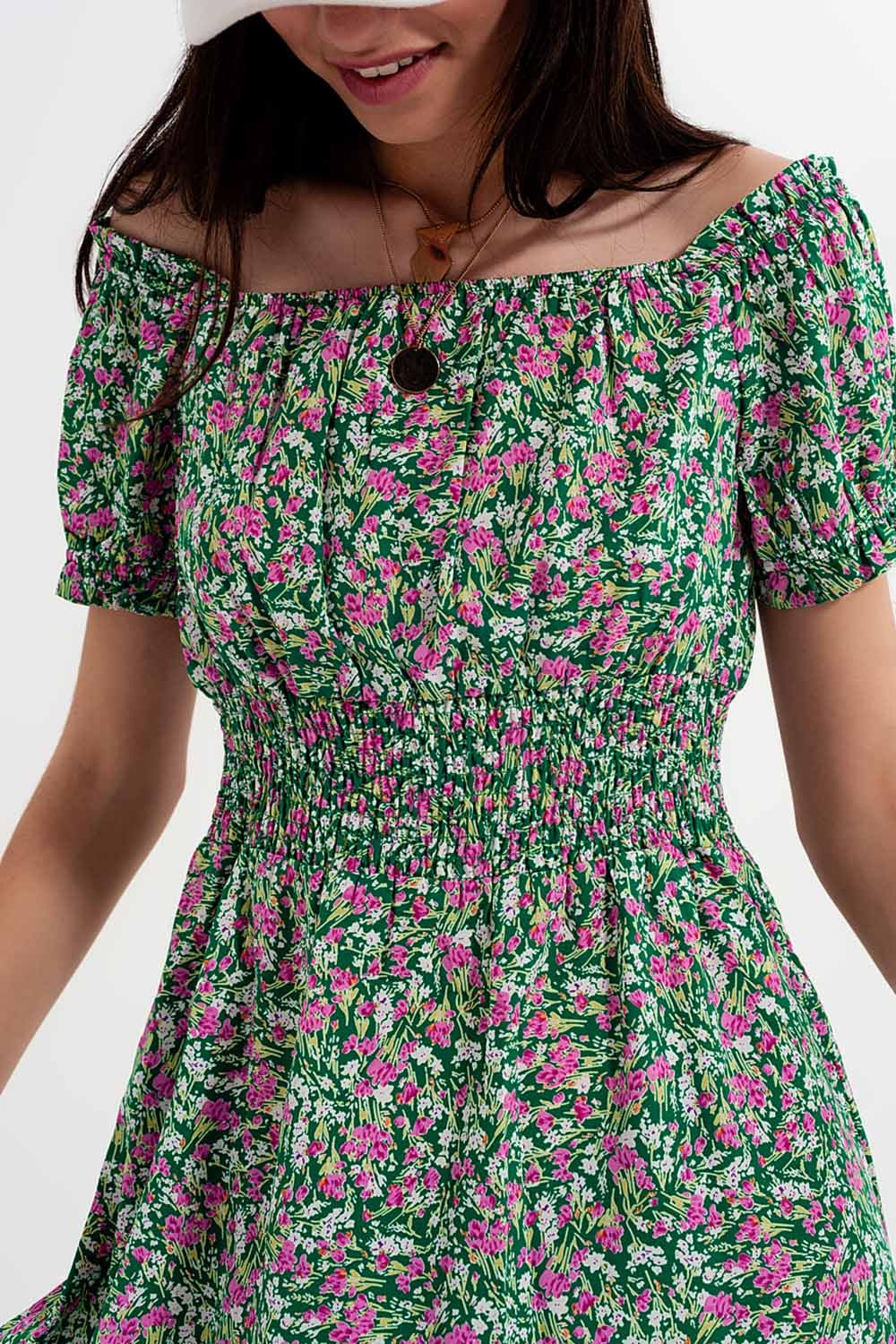 Mini dress with shirred detail in green ditsy floral print - Dresses