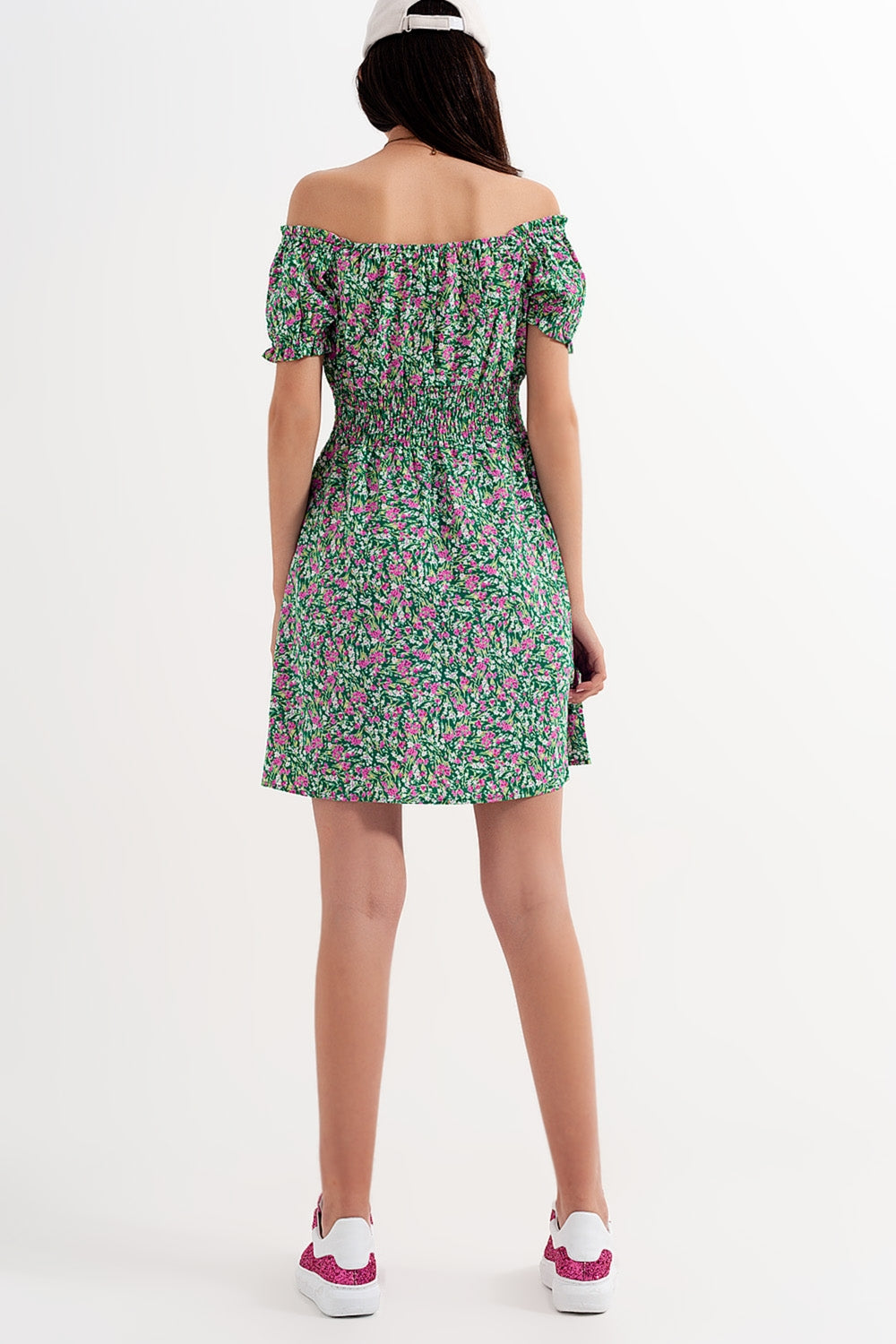 Mini dress with shirred detail in green ditsy floral print - Dresses