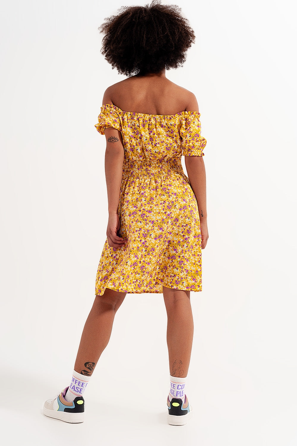 Mini dress with shirred detail in yellow ditsy floral print - Dresses