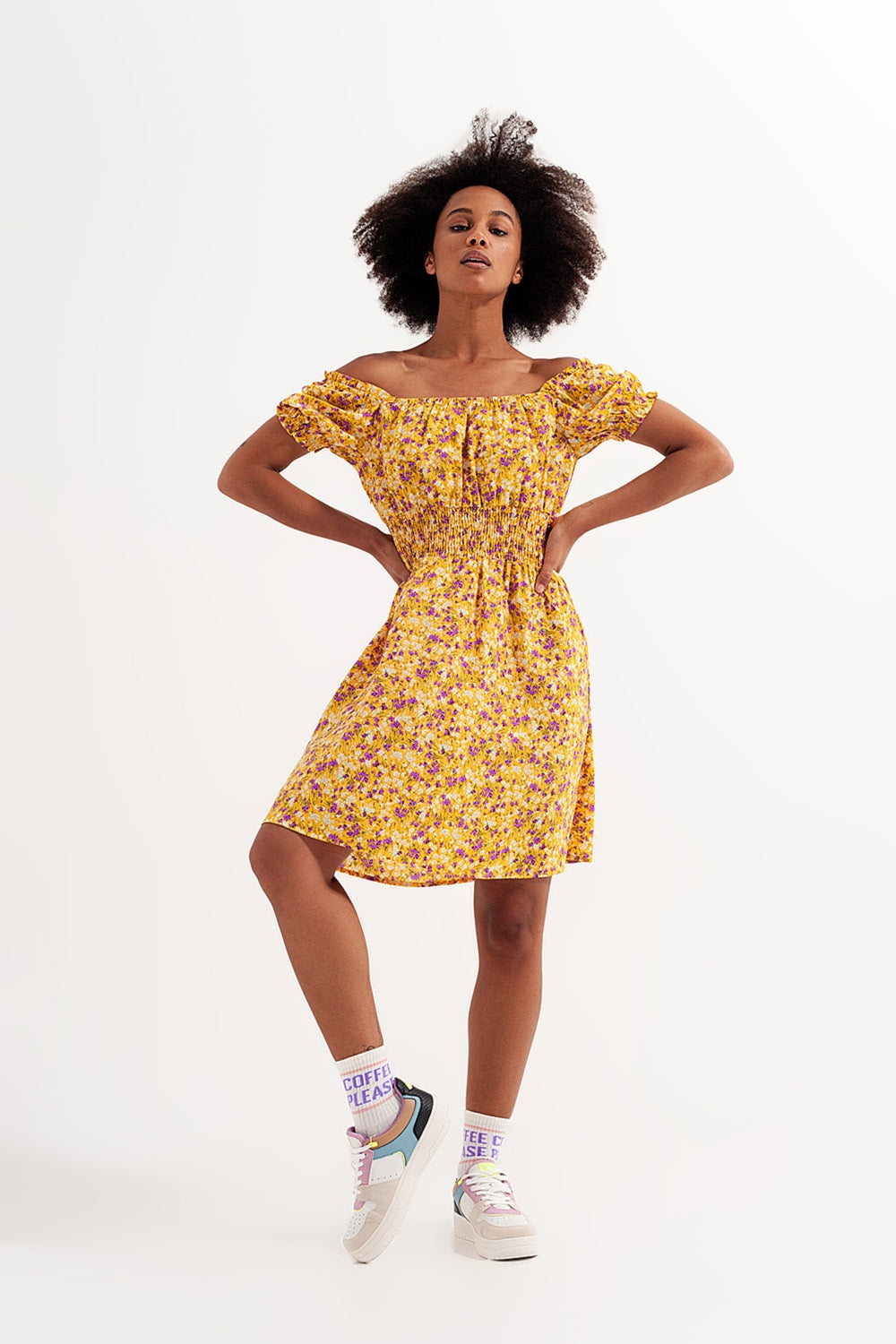 Mini dress with shirred detail in yellow ditsy floral print - Dresses