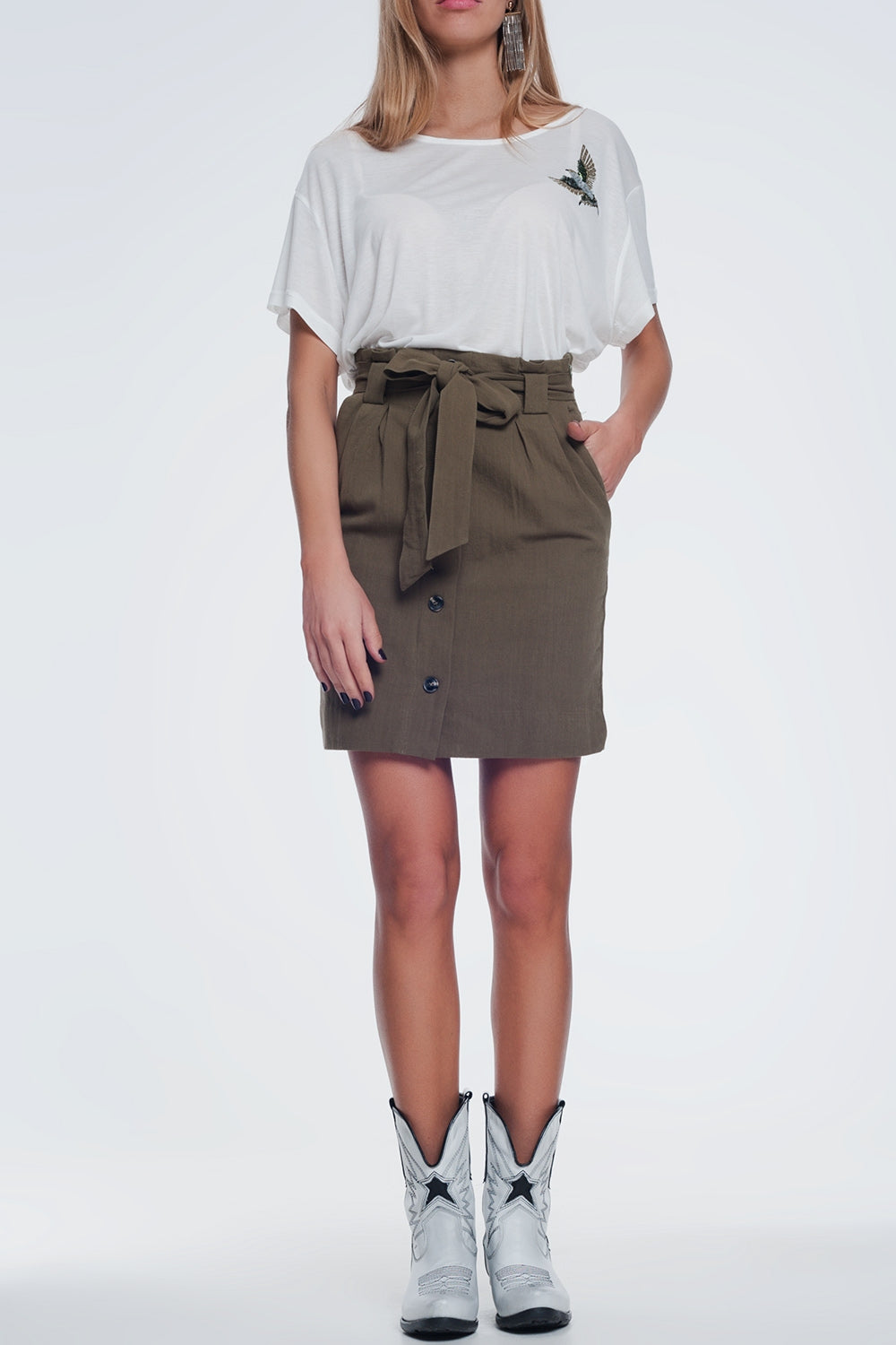 Mini khaki skirt with front buttons - Skirts