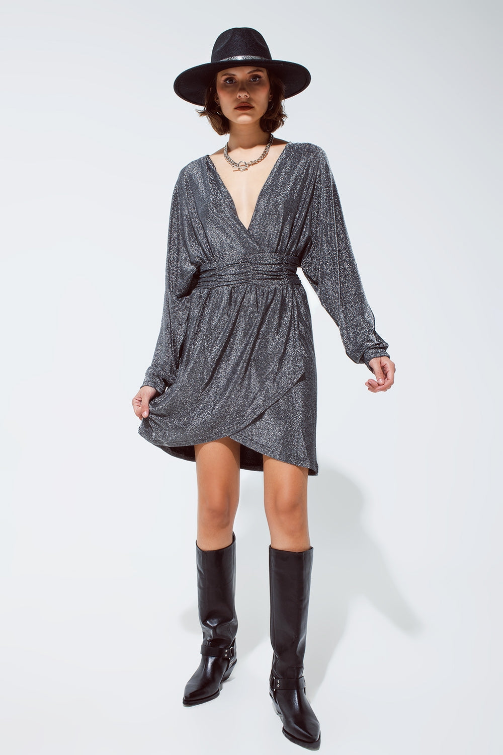 Mini length glitter dress with deep V neck in silver - Dresses