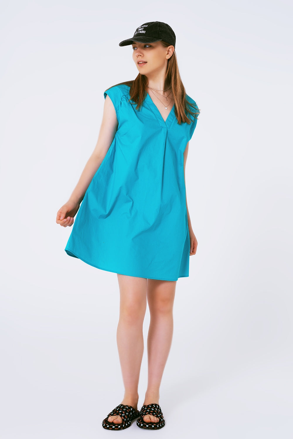 Mini Poplin Sleevless Dress in Turquoise - Dresses