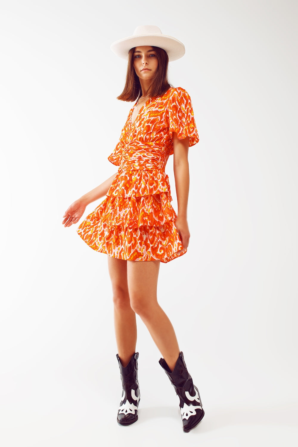 Mini V Neck Dress in Floral Orange Print - Dresses