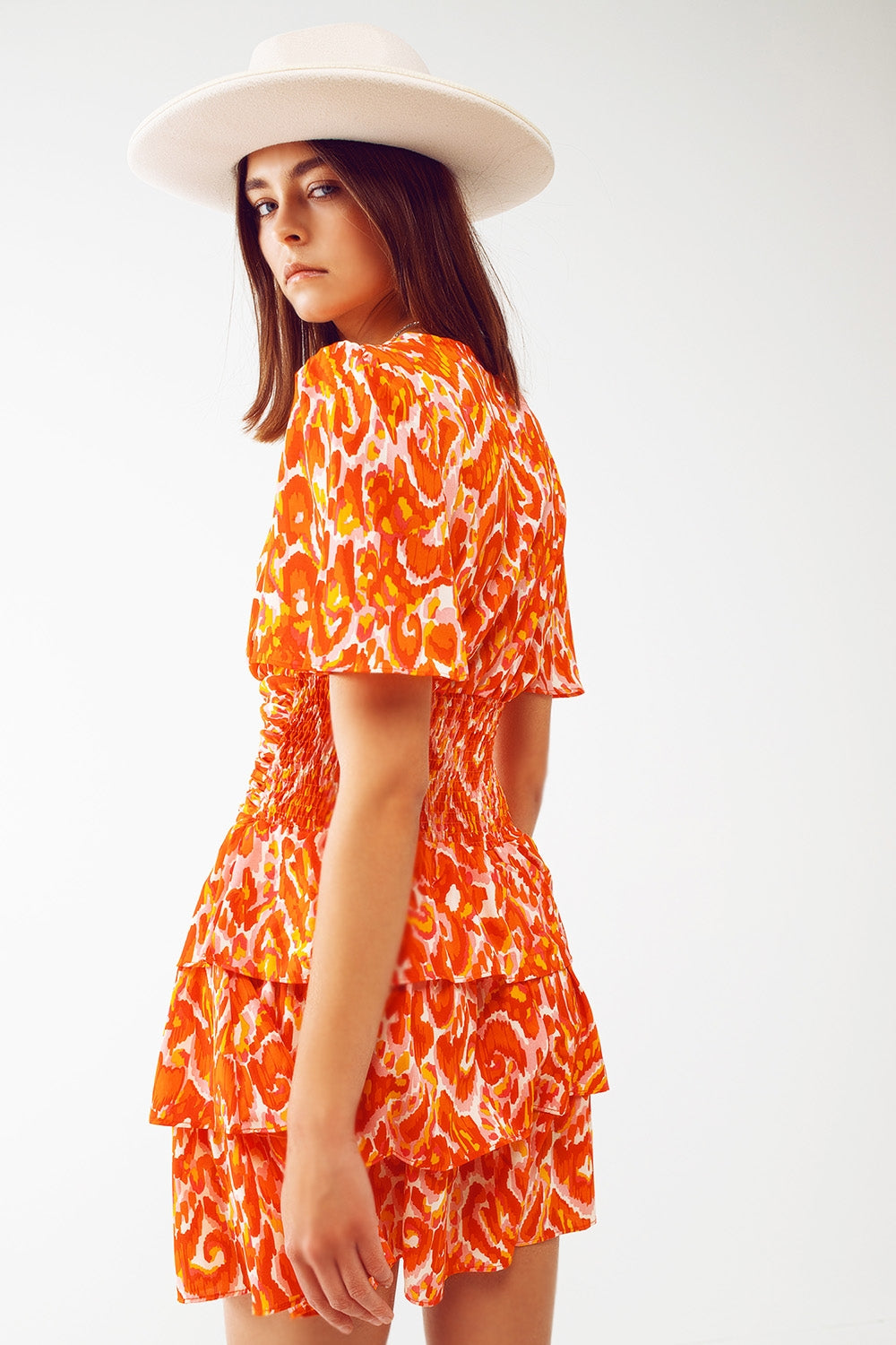 Mini V Neck Dress in Floral Orange Print - Dresses