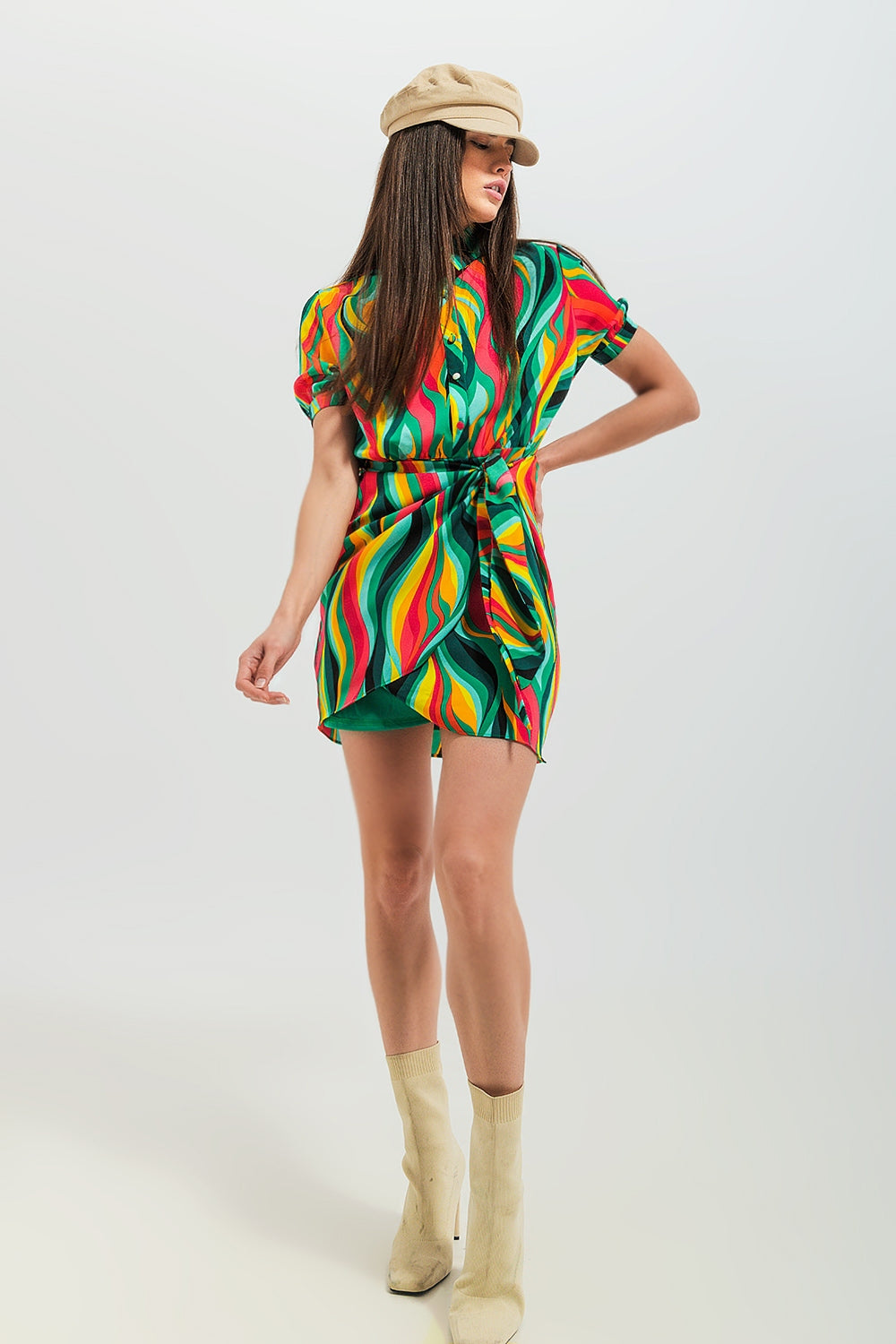 Mini wrap shirt dress in green swirl print - Dresses