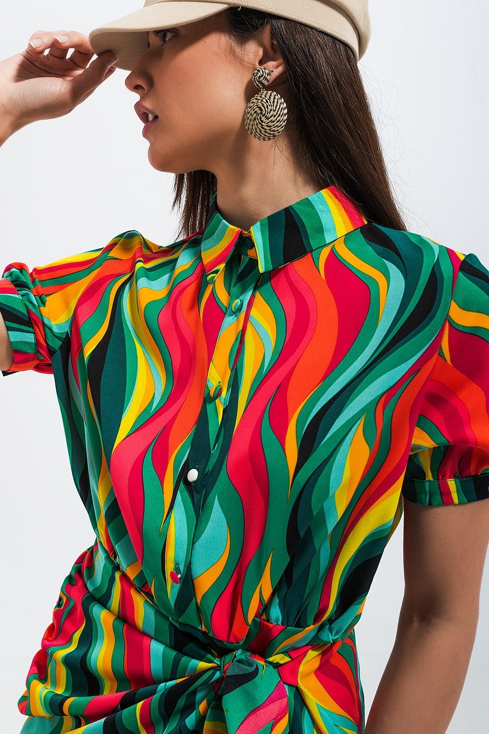 Mini wrap shirt dress in green swirl print - Dresses