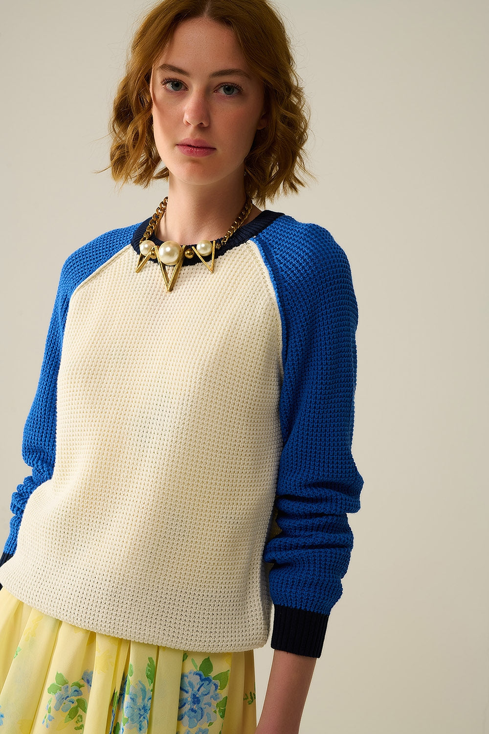 moss stitch knitted sweater with contrasting sleeves in blue - Jumpers