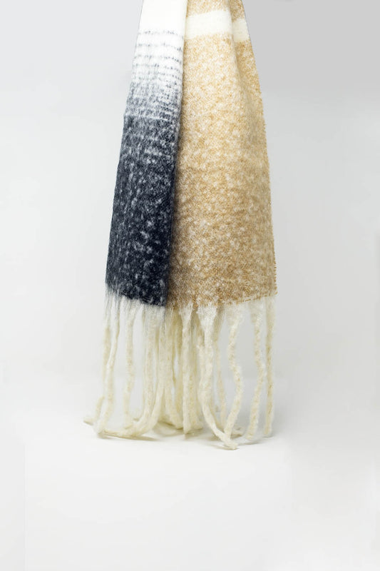 Multi Colored Chunky Knit Scarf in Shades of Beige Stripes - Scarves