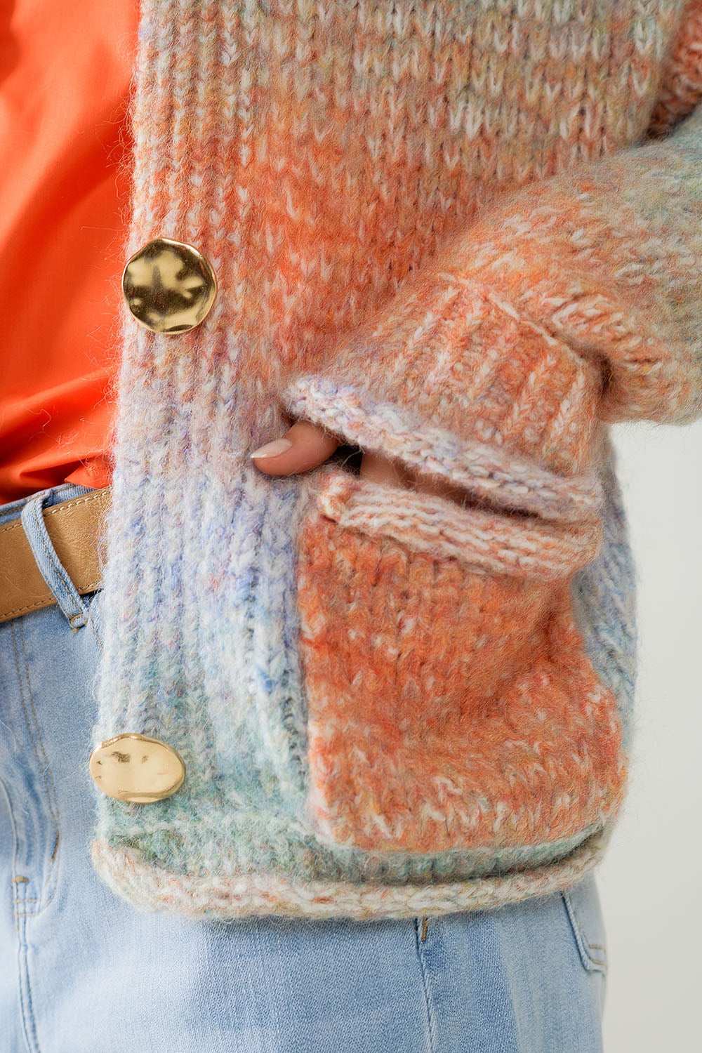 Multicolor Knit Cardigan with 3 Gold Buttons - Cardigans