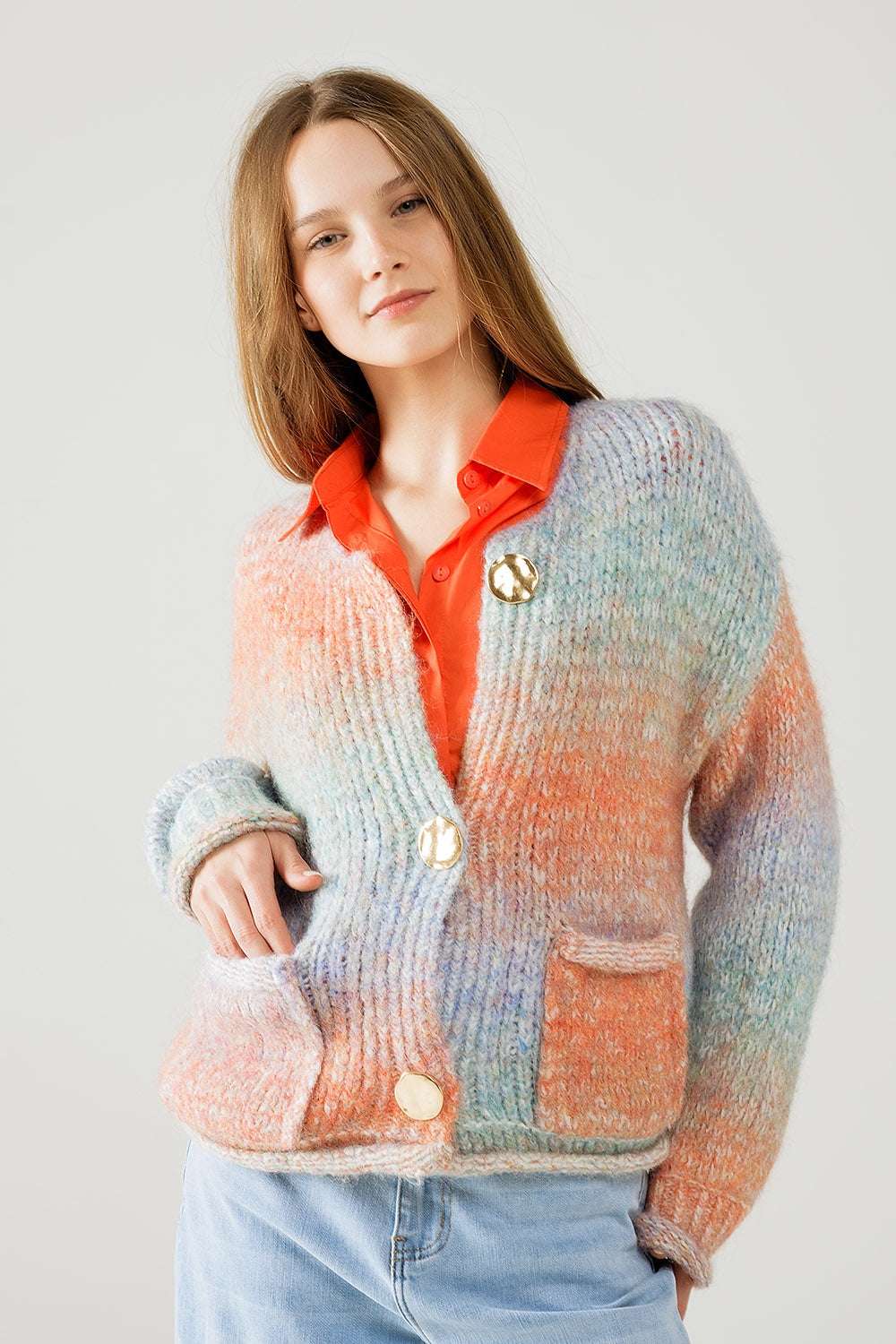 Multicolor Knit Cardigan with 3 Gold Buttons - Cardigans