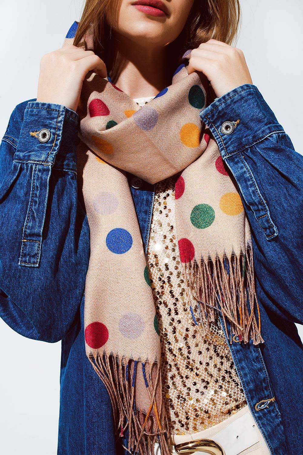 Multicolored Polka Dot soft Scarf in Beige - Scarves