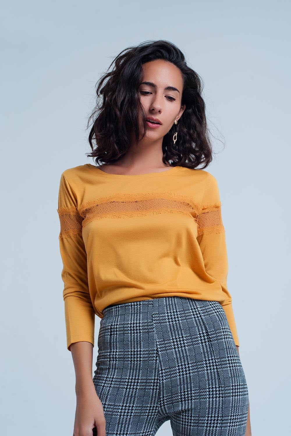Mustard 3/4 Sleeve T-Shirt With Eyelash Trim - T-Shirts