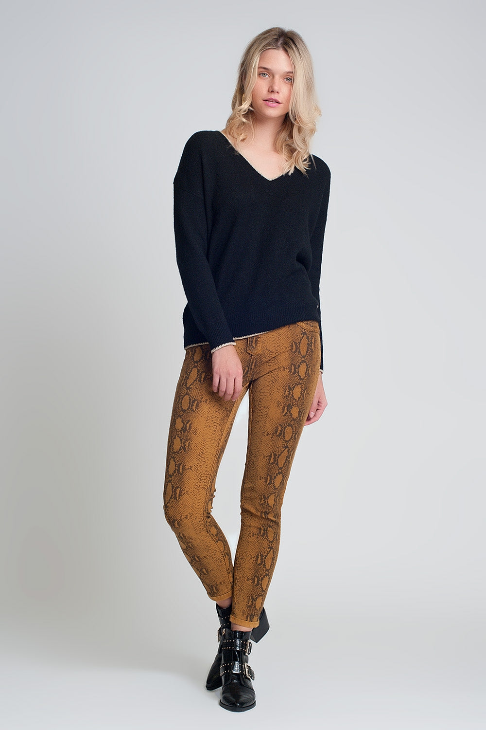 Mustard super skinny reversible pants with snake print - Trousers