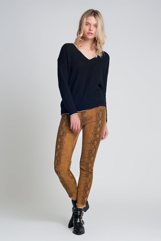 Mustard super skinny reversible pants with snake print - Trousers