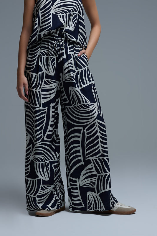 Navy and White Wide Leg Trousers with White Leaf Print - Pants