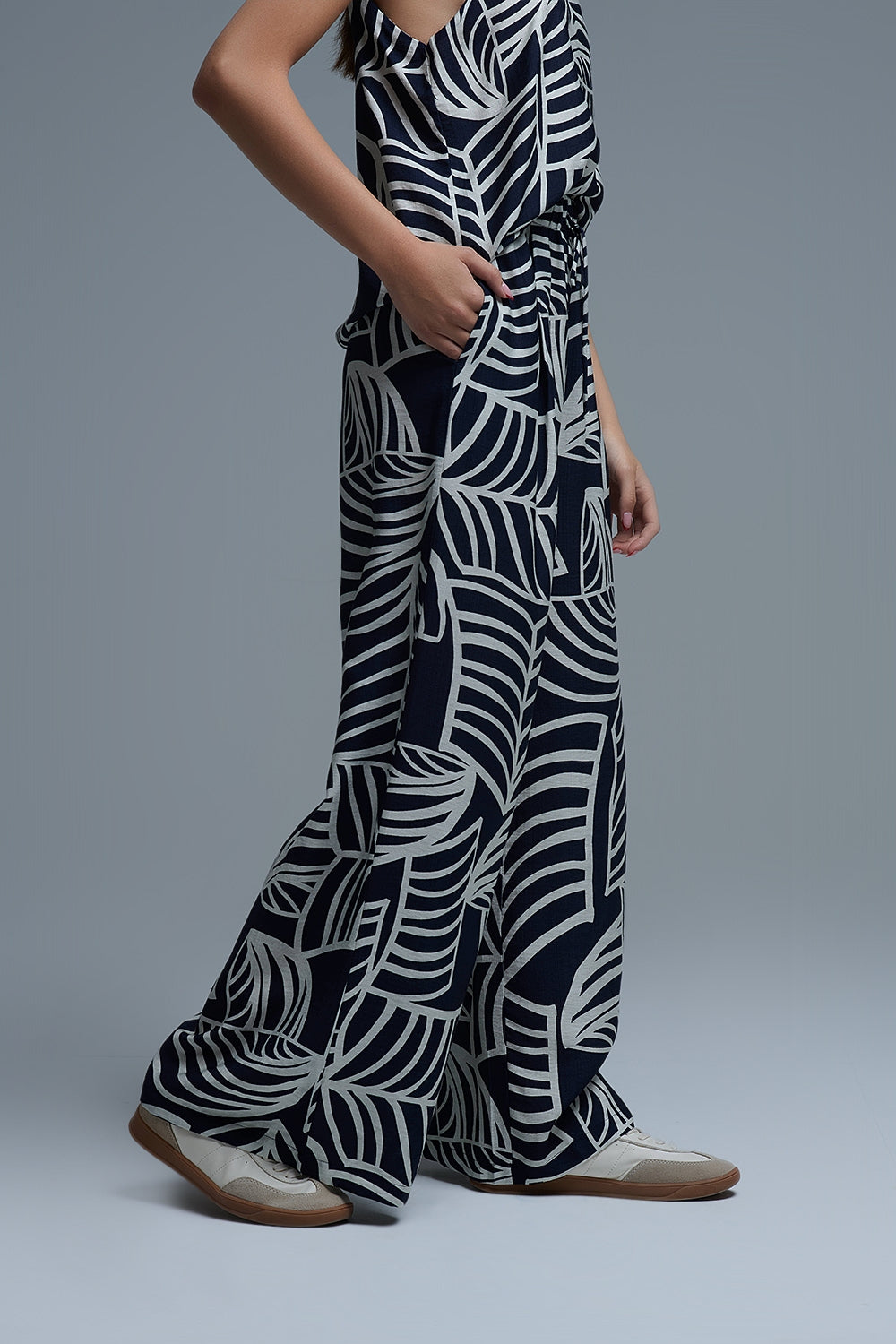 Navy and White Wide Leg Trousers with White Leaf Print - Pants