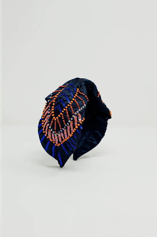 Navy blue headband with sequin and rhinestone embellishments - Headbands