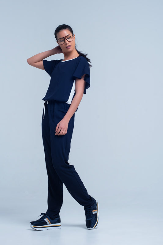 Navy blue jumpsuit with short sleeve and ruffle detail - Dresses