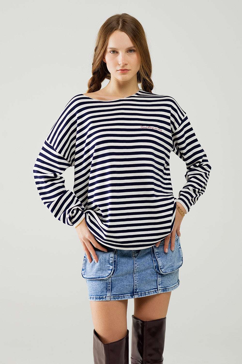 navy blue striped fine knit sweater with boat neck - Jumpers