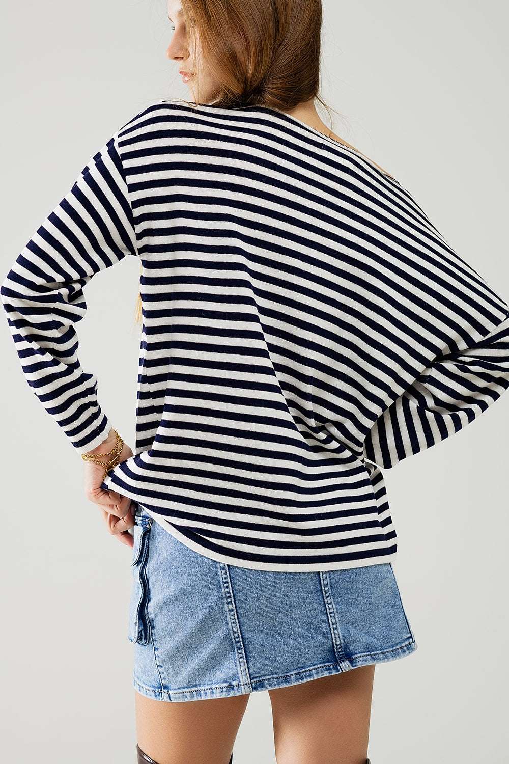 navy blue striped fine knit sweater with boat neck - Jumpers